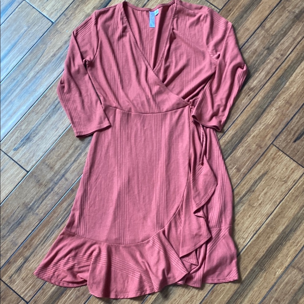 Francesca’s M Rust Wrap Dress with Ruffle Hem